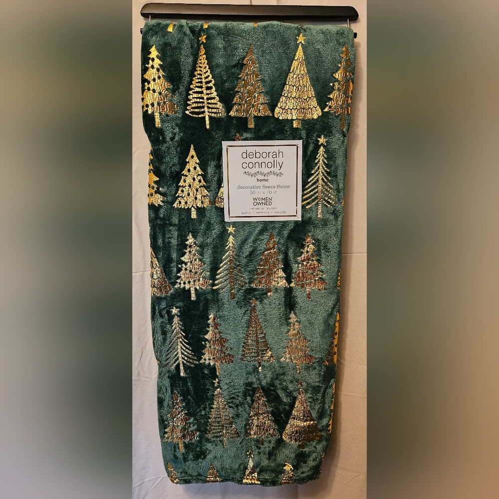 Gold Christmas Trees Fleece Throw Blanket NWT